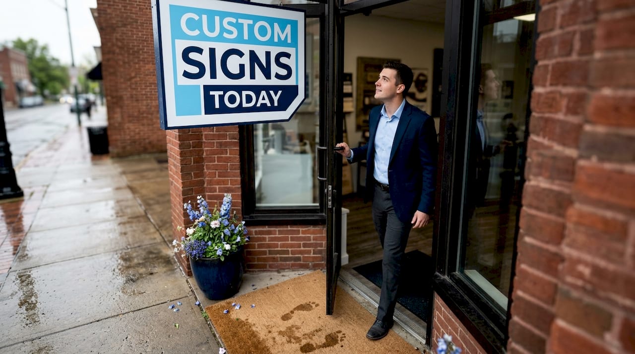 Customer entering shop under custom signage