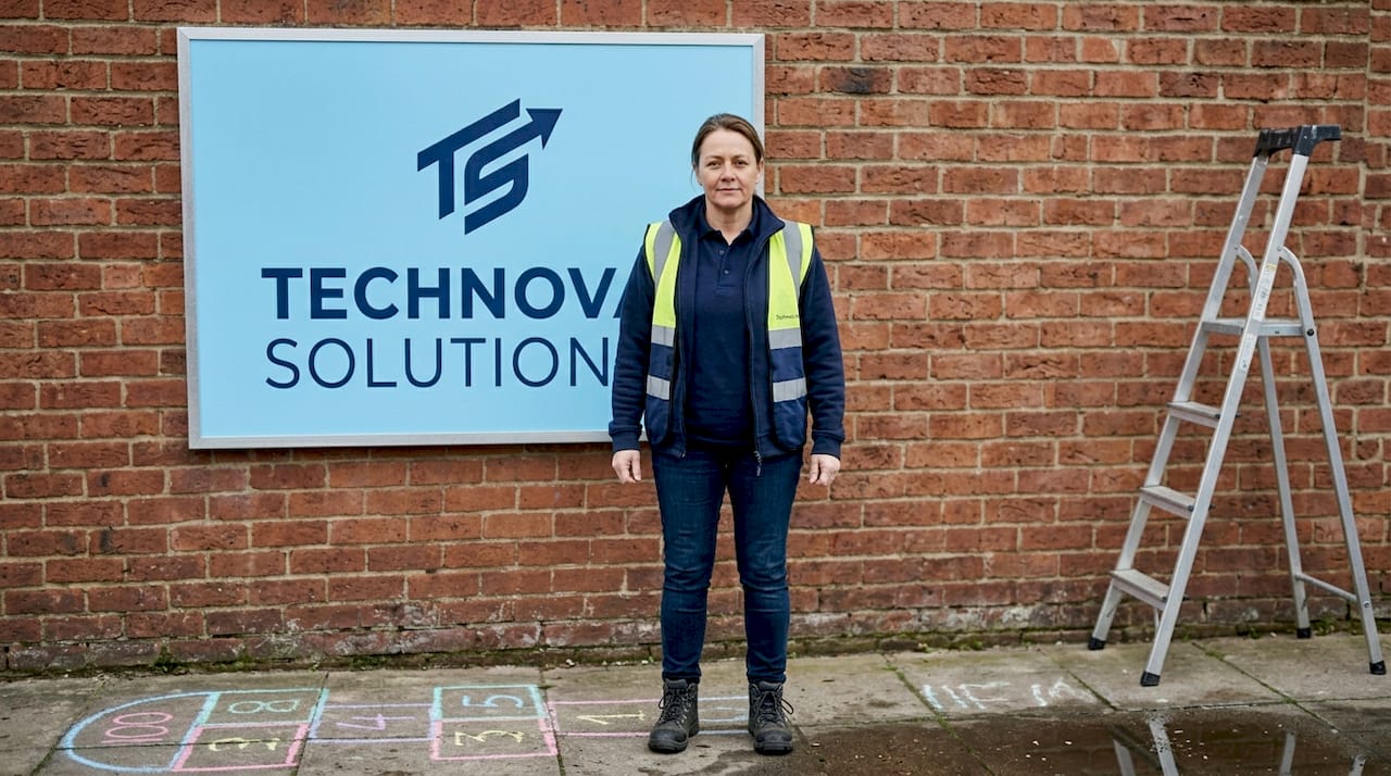 Supervisor checking outdoor aluminum business sign