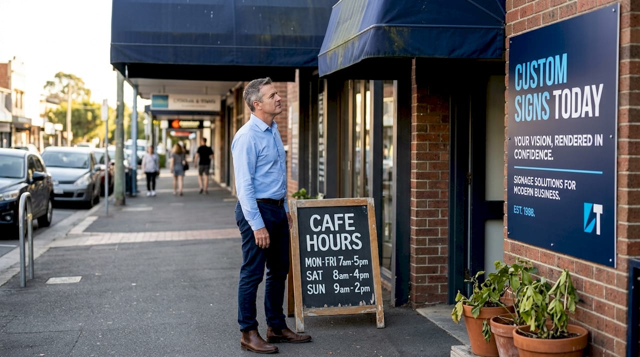 Customer pausing to read signage outside café