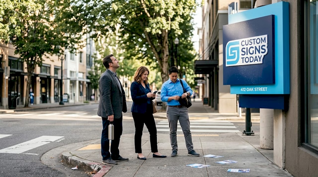 Pedestrians engaging with outdoor signage