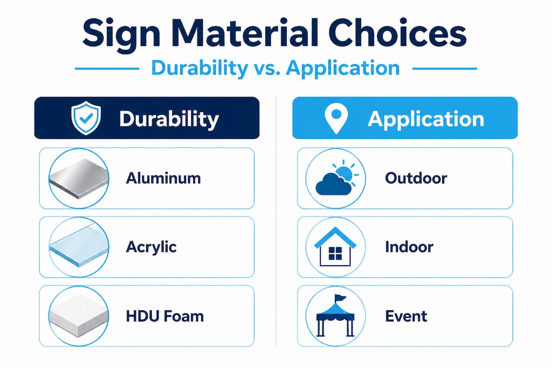 Infographic comparing sign material durability and uses