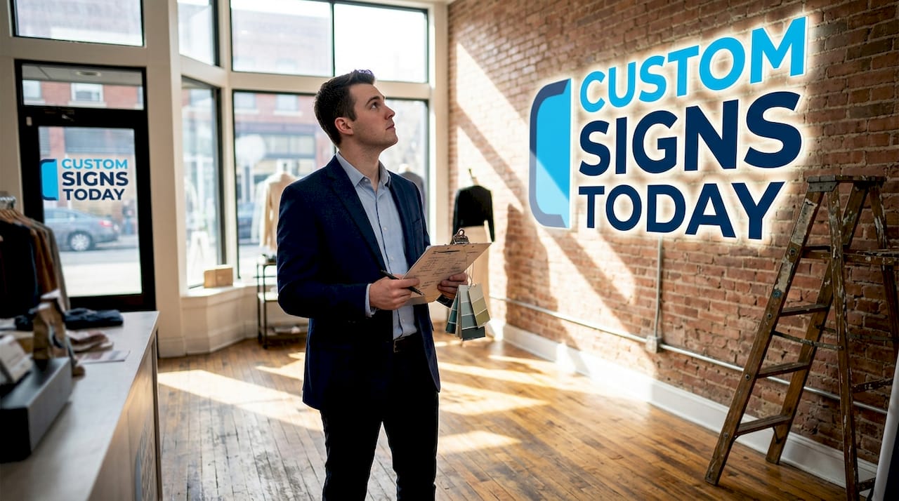 Manager checks brand consistency on interior signage