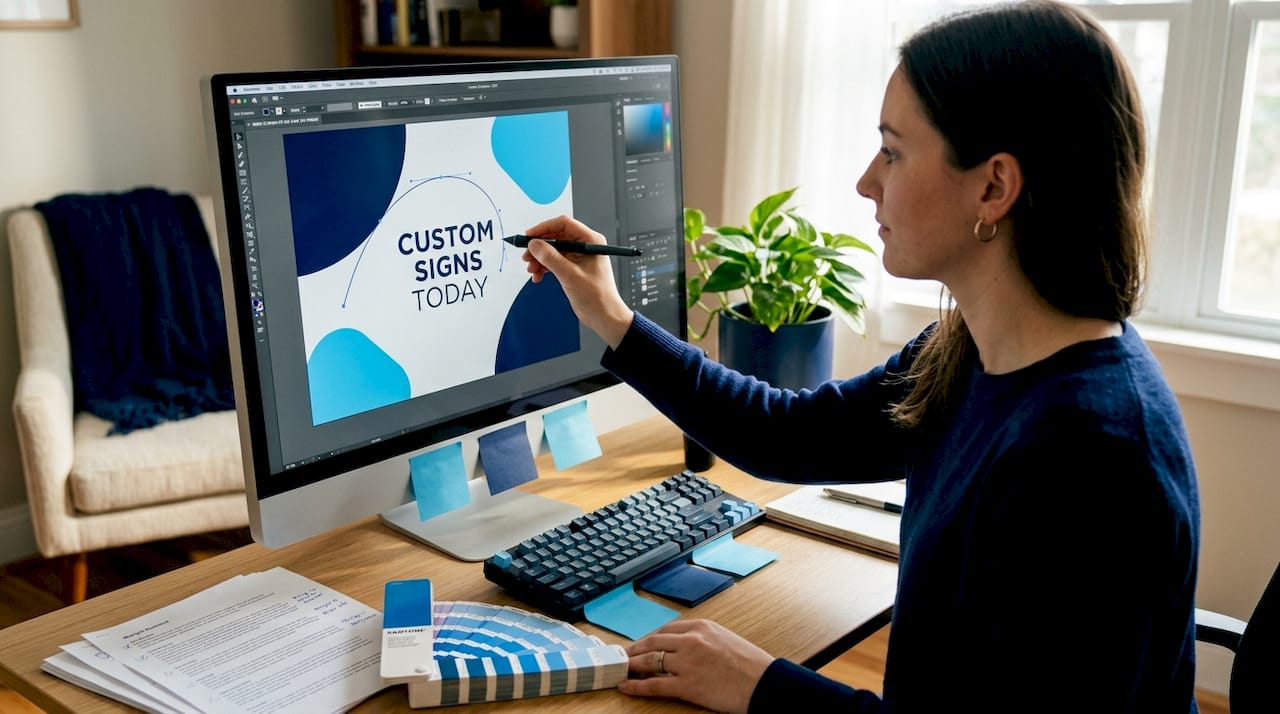 Designer preparing sign artwork at office desk