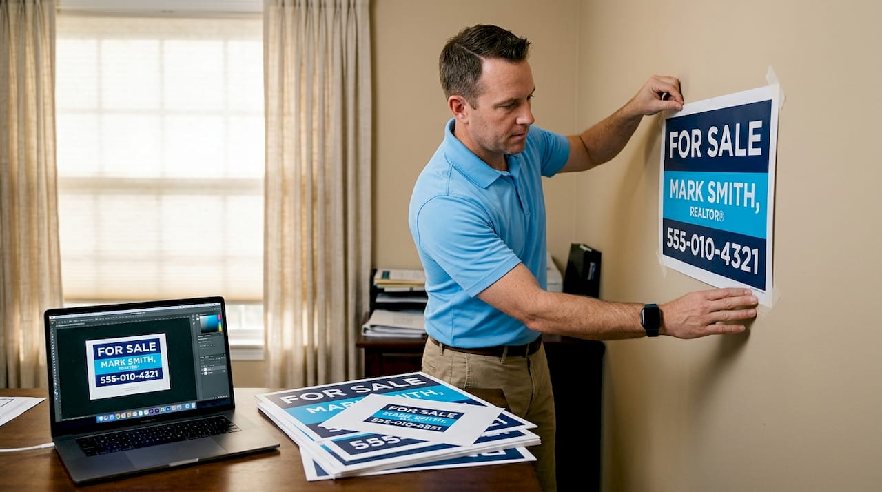 Real estate agent taping sign mockup to wall