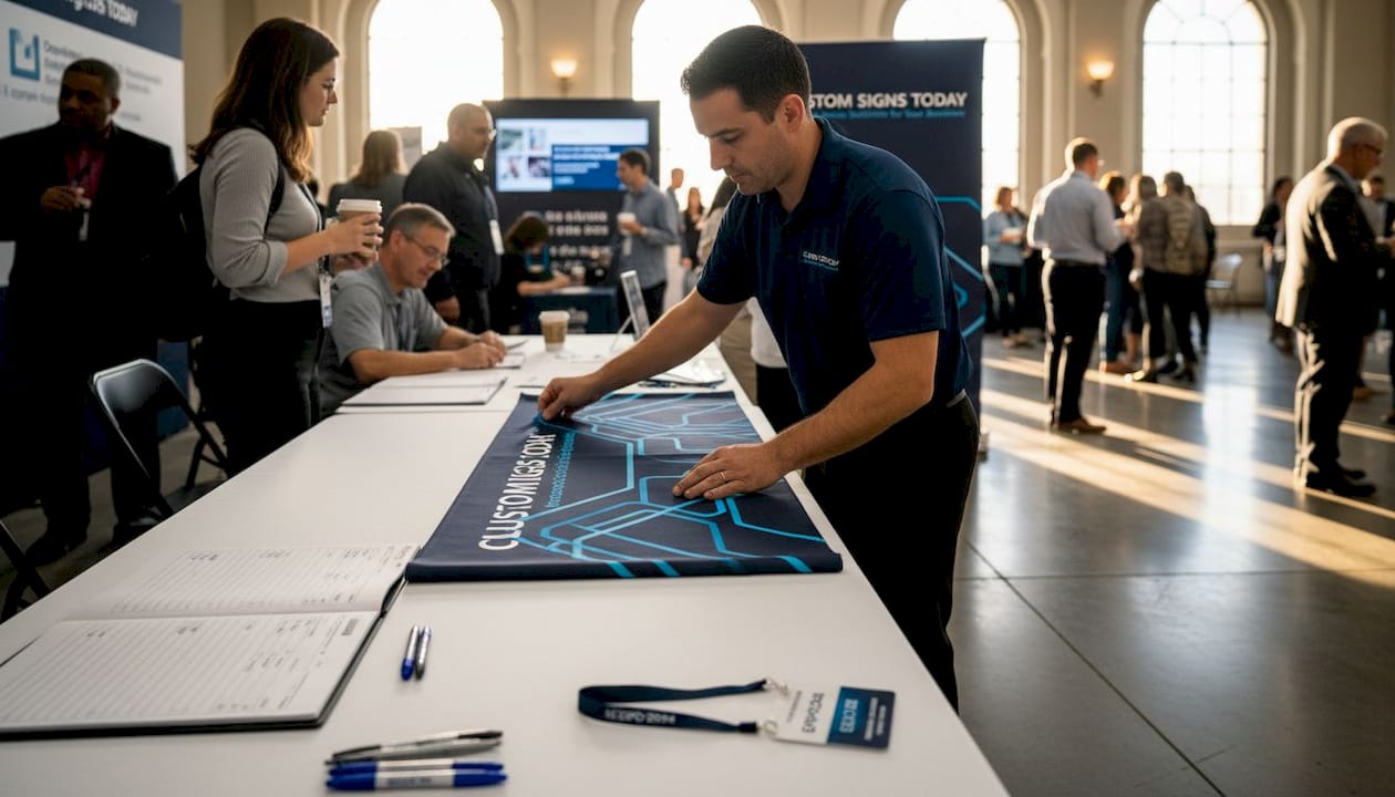 Staff sets up banner at busy expo