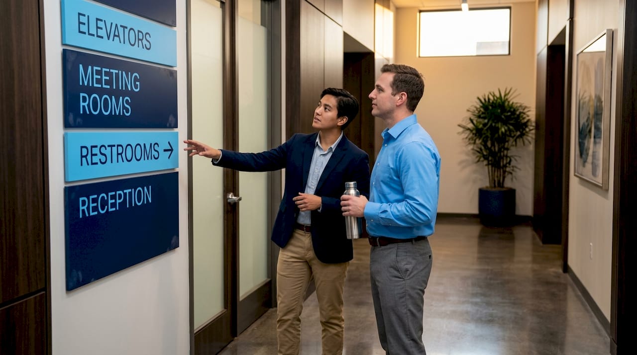 Workers navigating with hallway directional sign