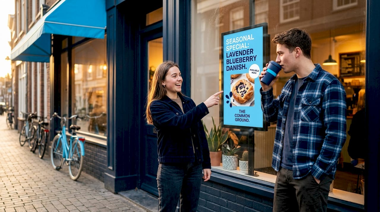 Shoppers reading updated digital window sign