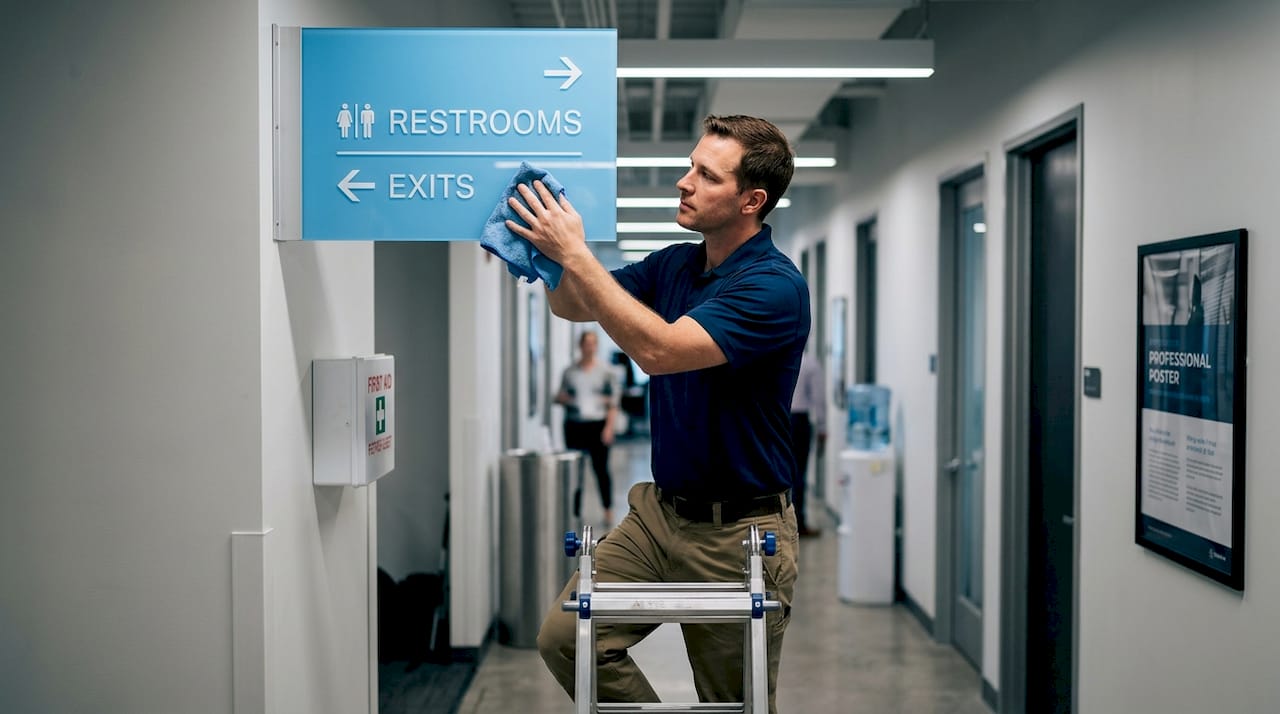 Worker cleaning hallway directional sign