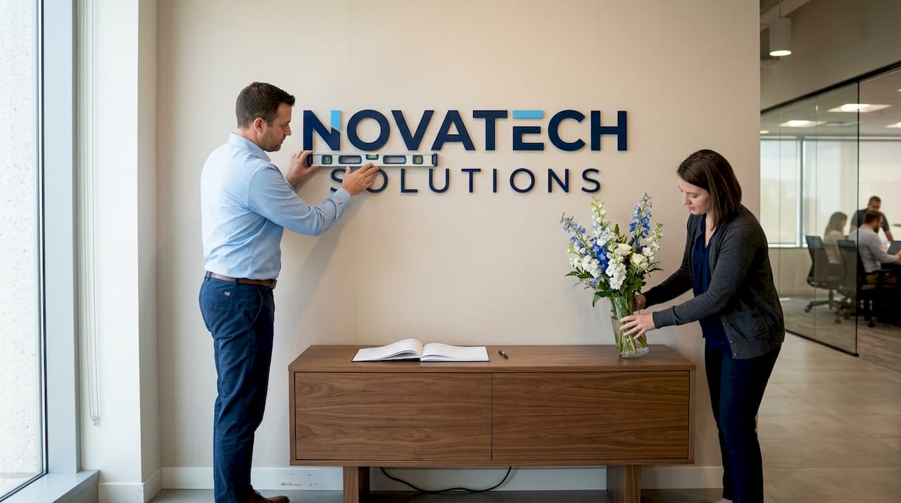 Manager inspecting new lobby wall signage