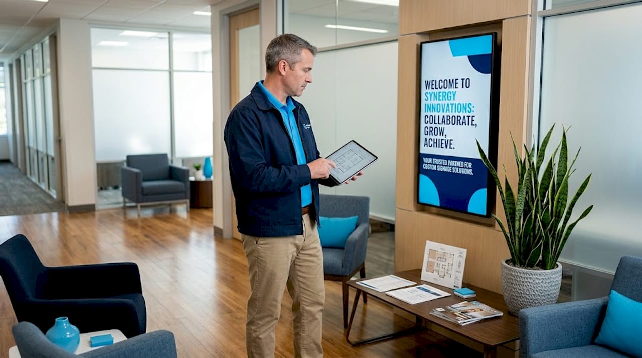 Facility manager checking digital signage indoors