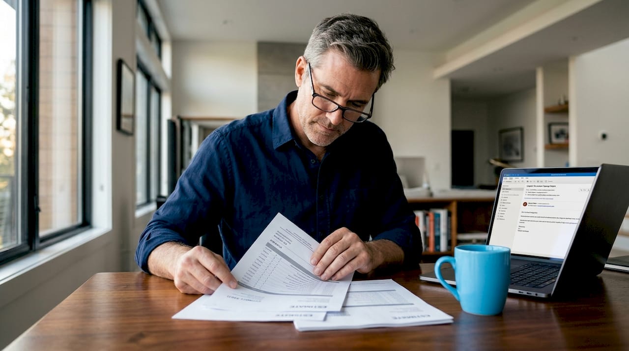 Person reviewing signage quotes on kitchen counter