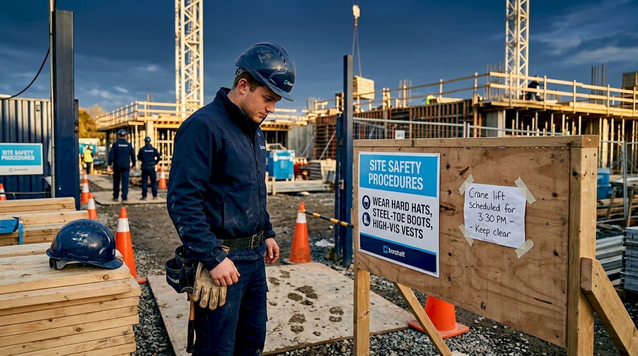 Foreman reviewing site safety signage entry area