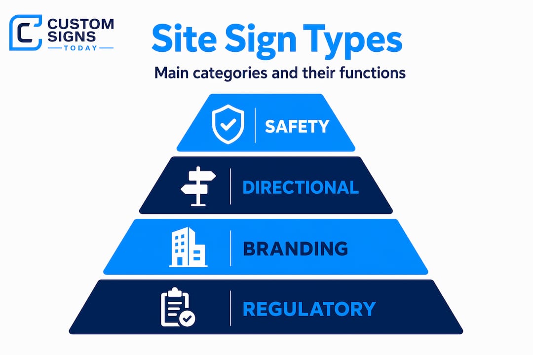 Infographic illustrating site sign types by category