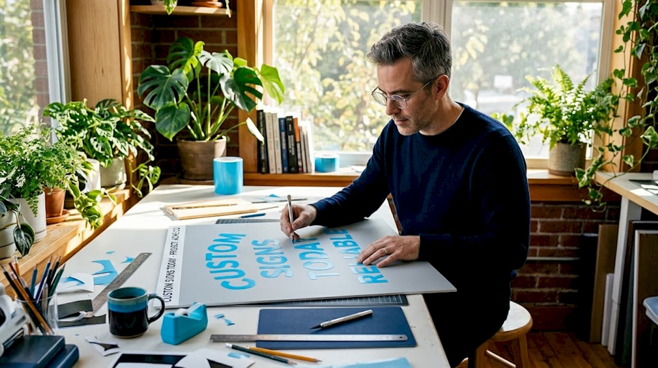 Designer arranging vinyl lettering samples on table