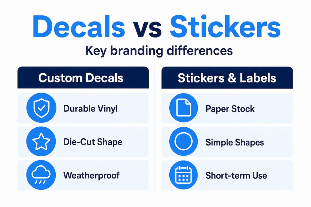 Infographic comparing decals and stickers key features