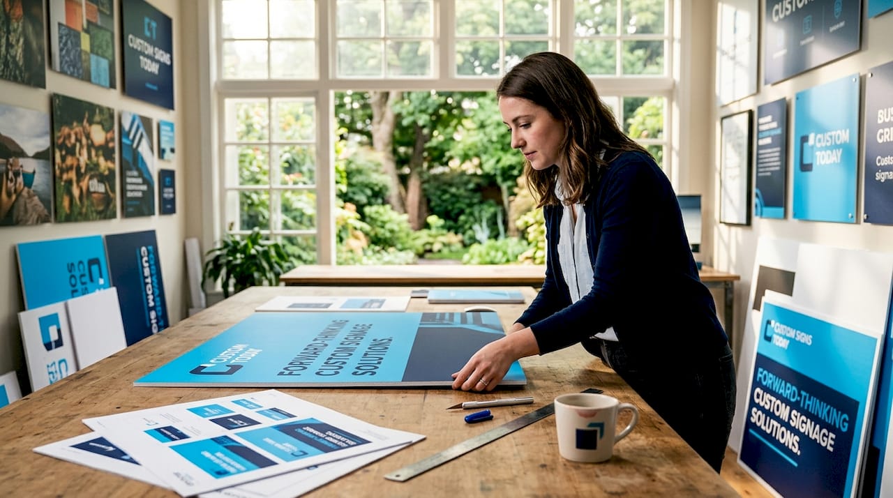 Designer reviewing foam core gator board signs