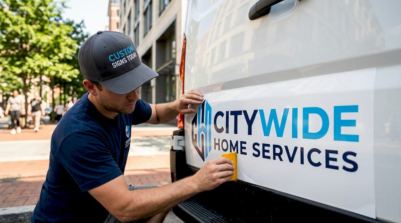 Professional installing durable vehicle custom decal