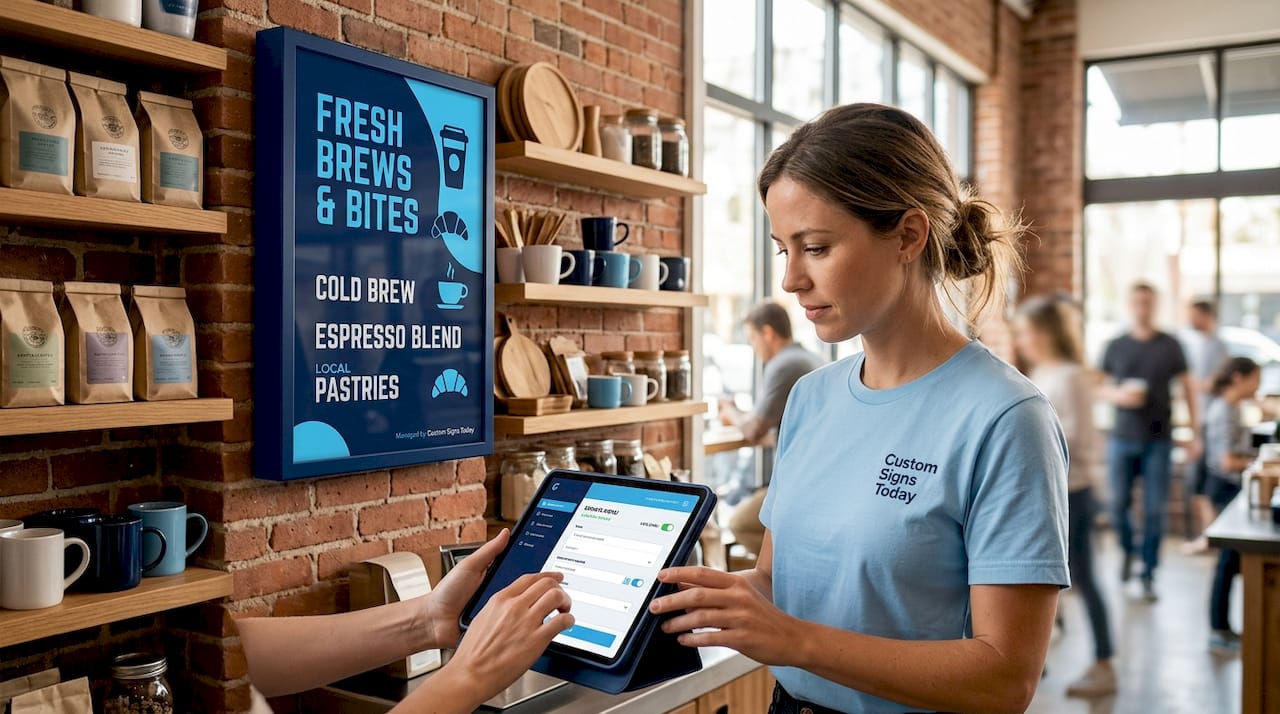 Retail employee updating digital signage content