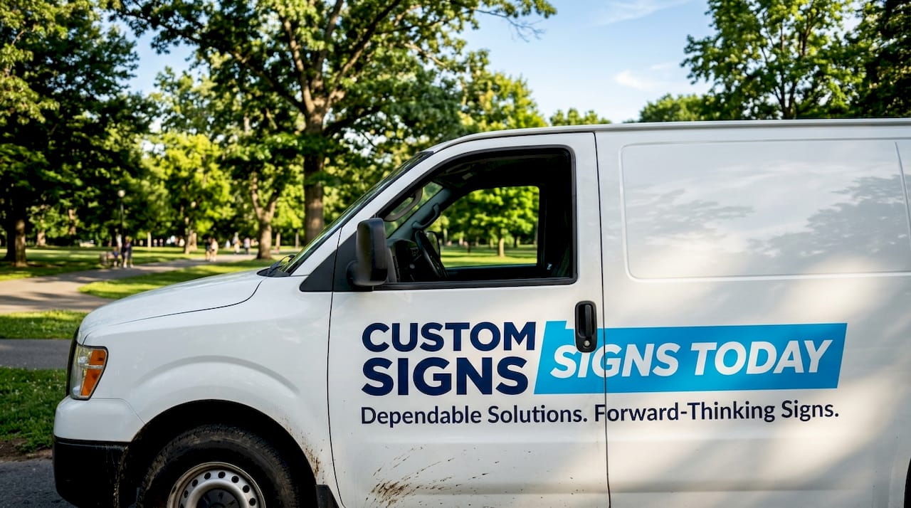 Delivery van with branded decals displayed