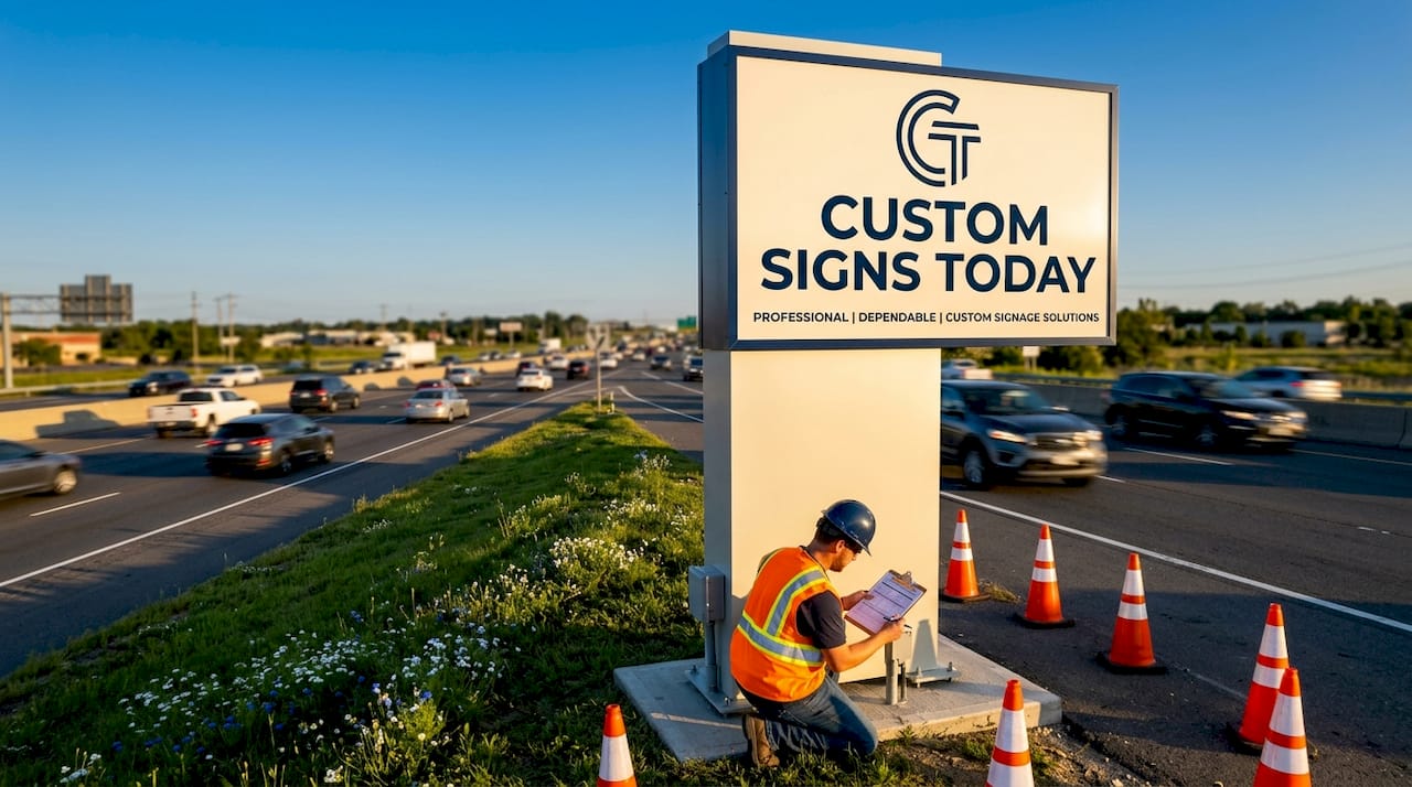 Highway pylon sign viewed from roadside during day