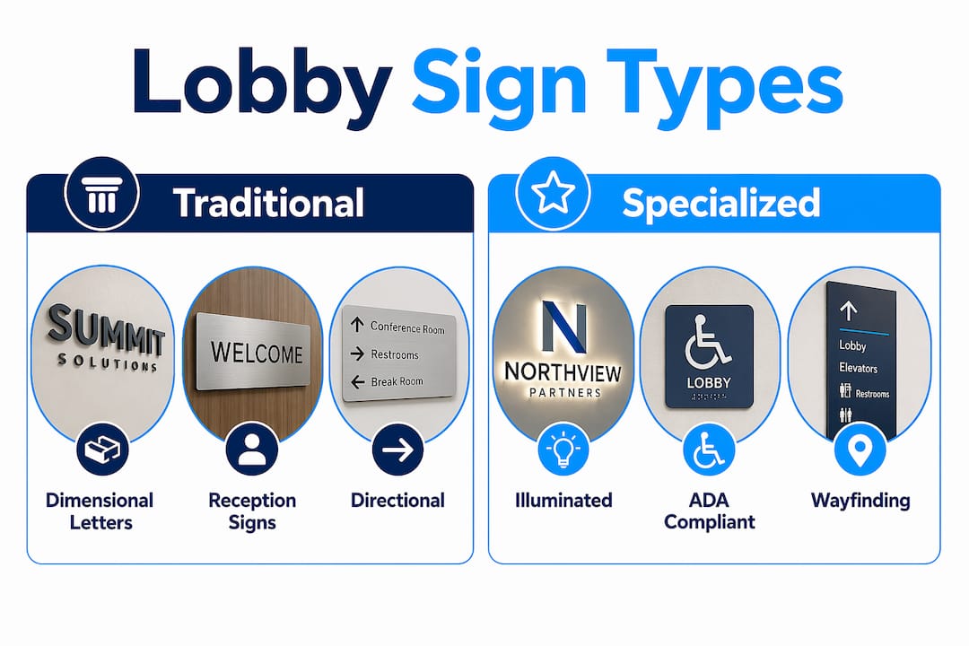 Infographic comparing traditional and specialized lobby sign types