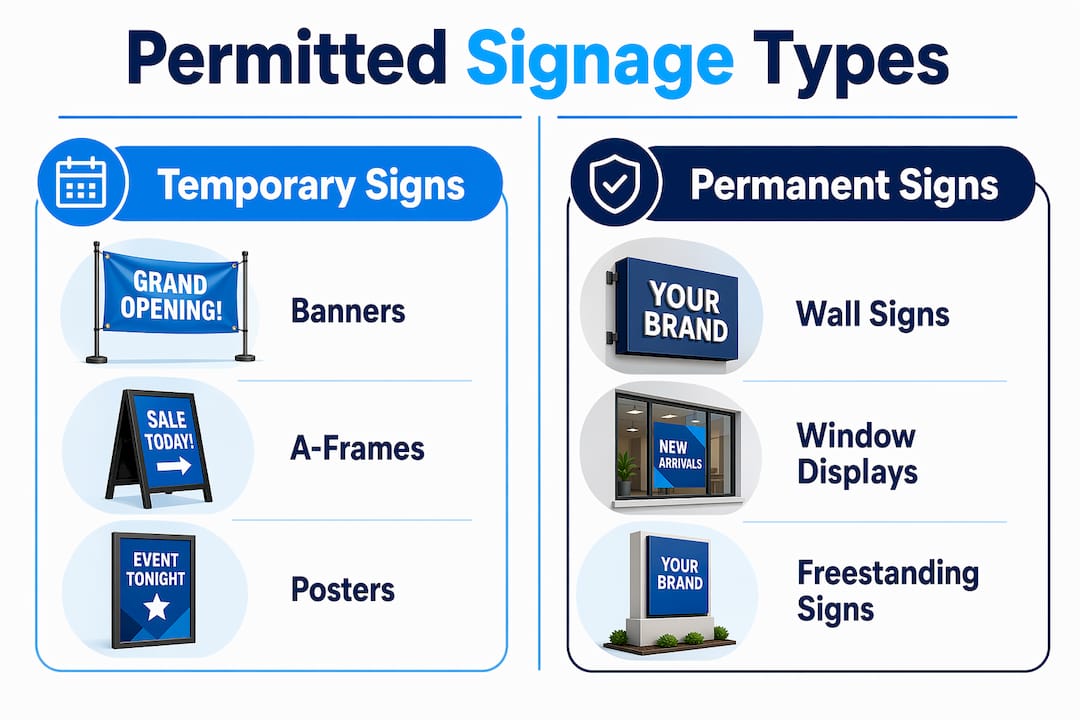 Infographic comparing temporary and permanent permitted signs