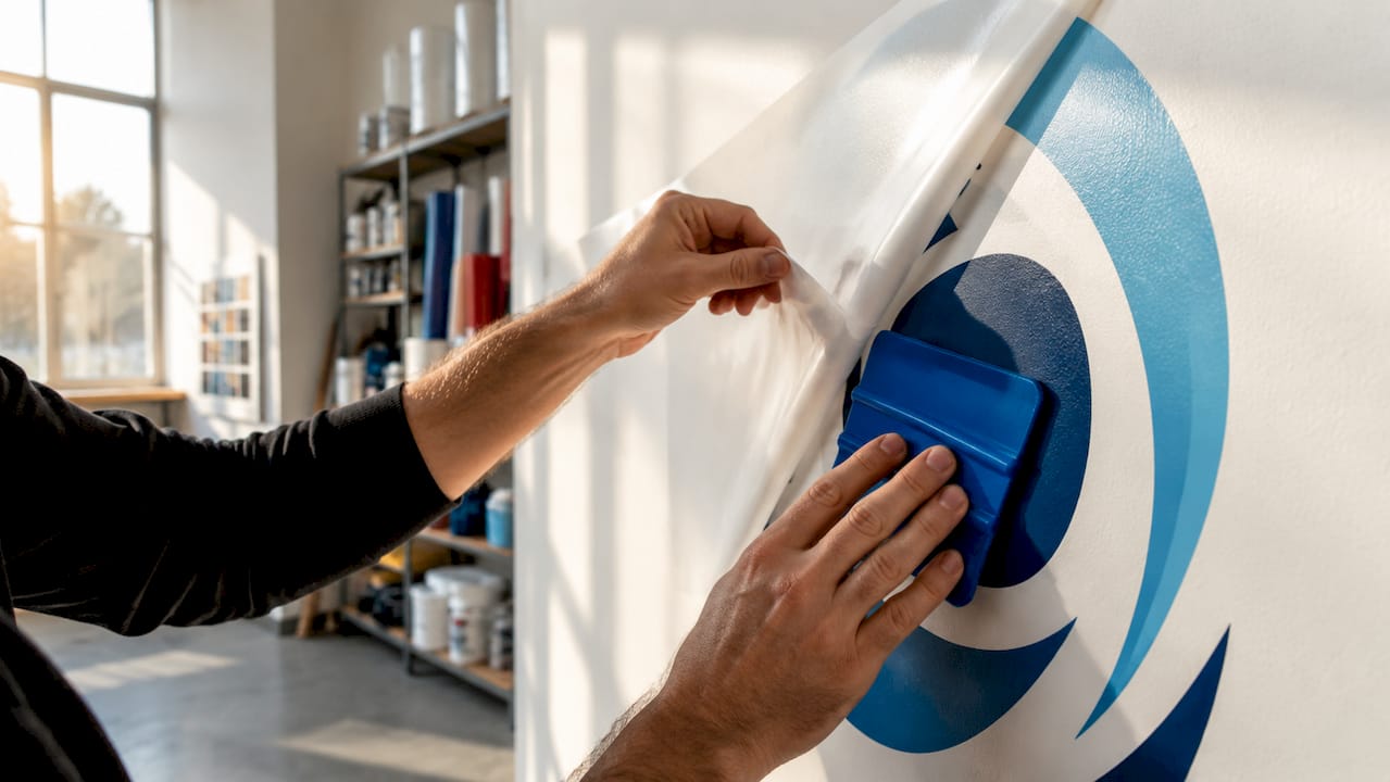 Hands applying vinyl decal to wall surface