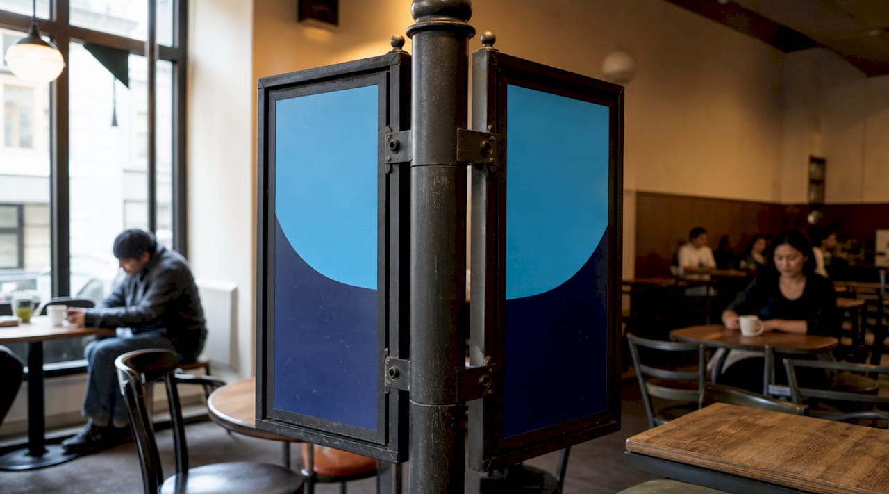Close-up of double-sided sign frame and panels outdoors