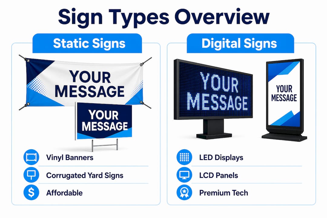 Infographic comparing static and digital double-sided sign types