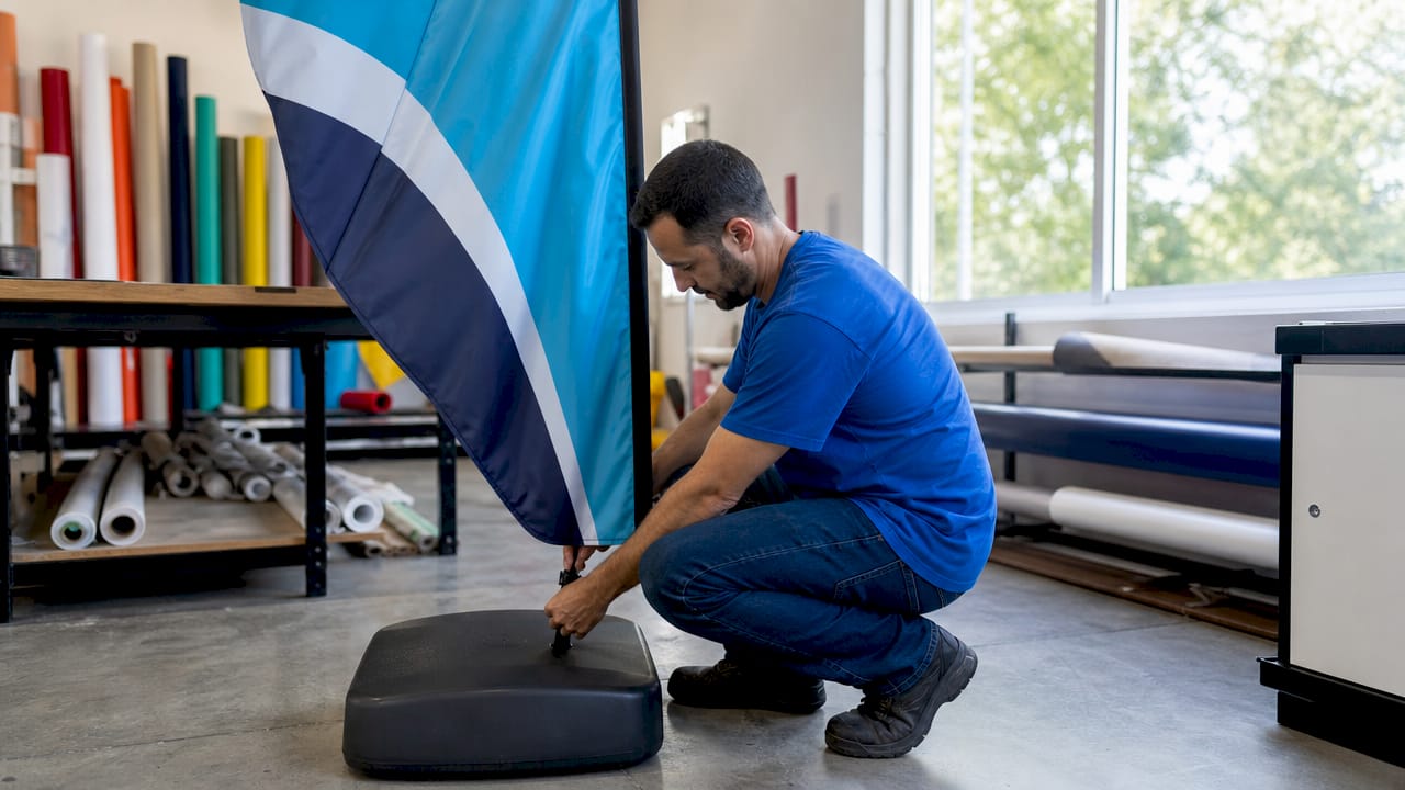 Technician assembling trade banner indoors