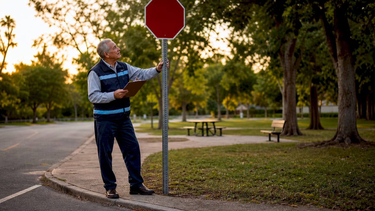 Traffic inspector checking a STOP sign compliance
