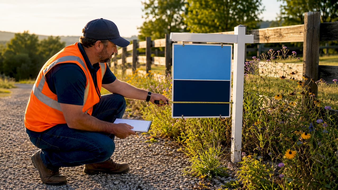 Technician measuring real estate yard sign outdoors
