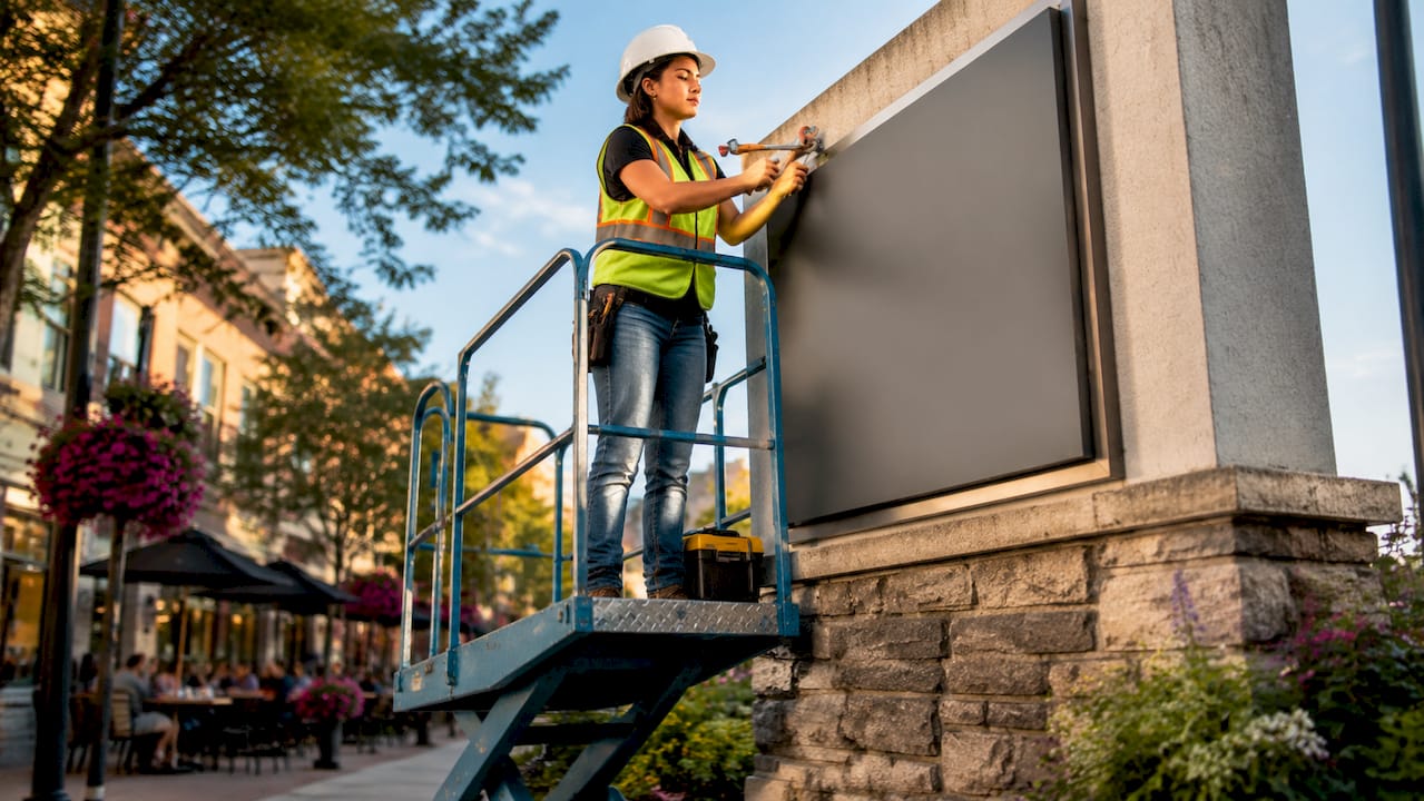 Sign installer adjusting outdoor sign bracket