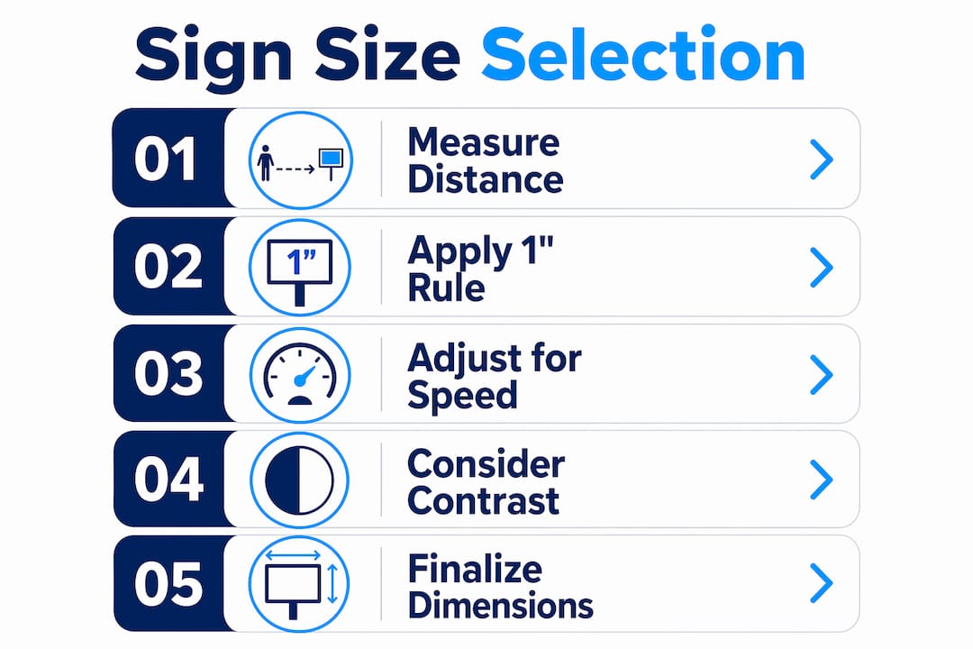 Infographic showing steps to select sign size