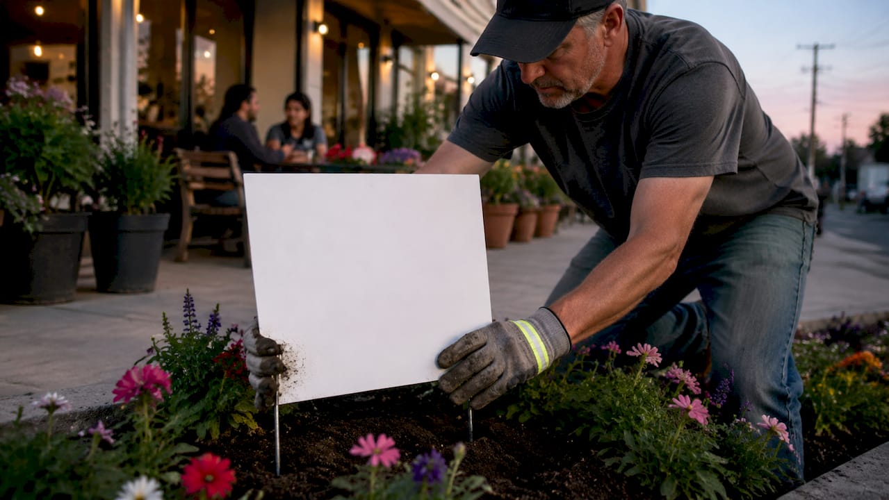 Hands installing coroplast yard temporary sign outdoors
