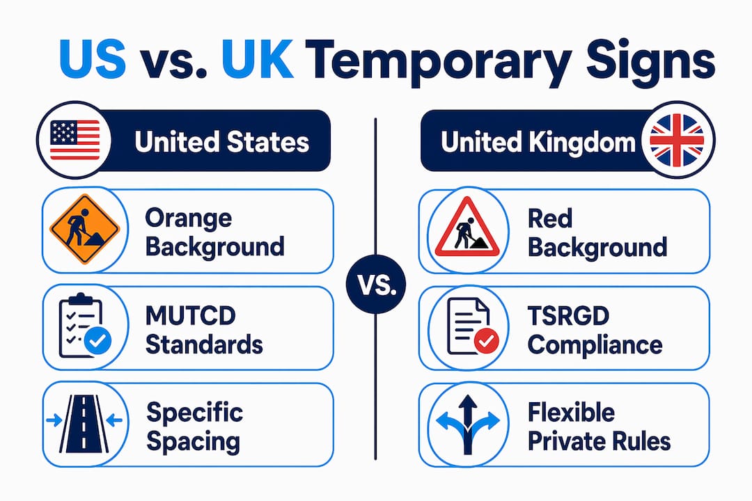 Infographic comparing US and UK temporary signage standards