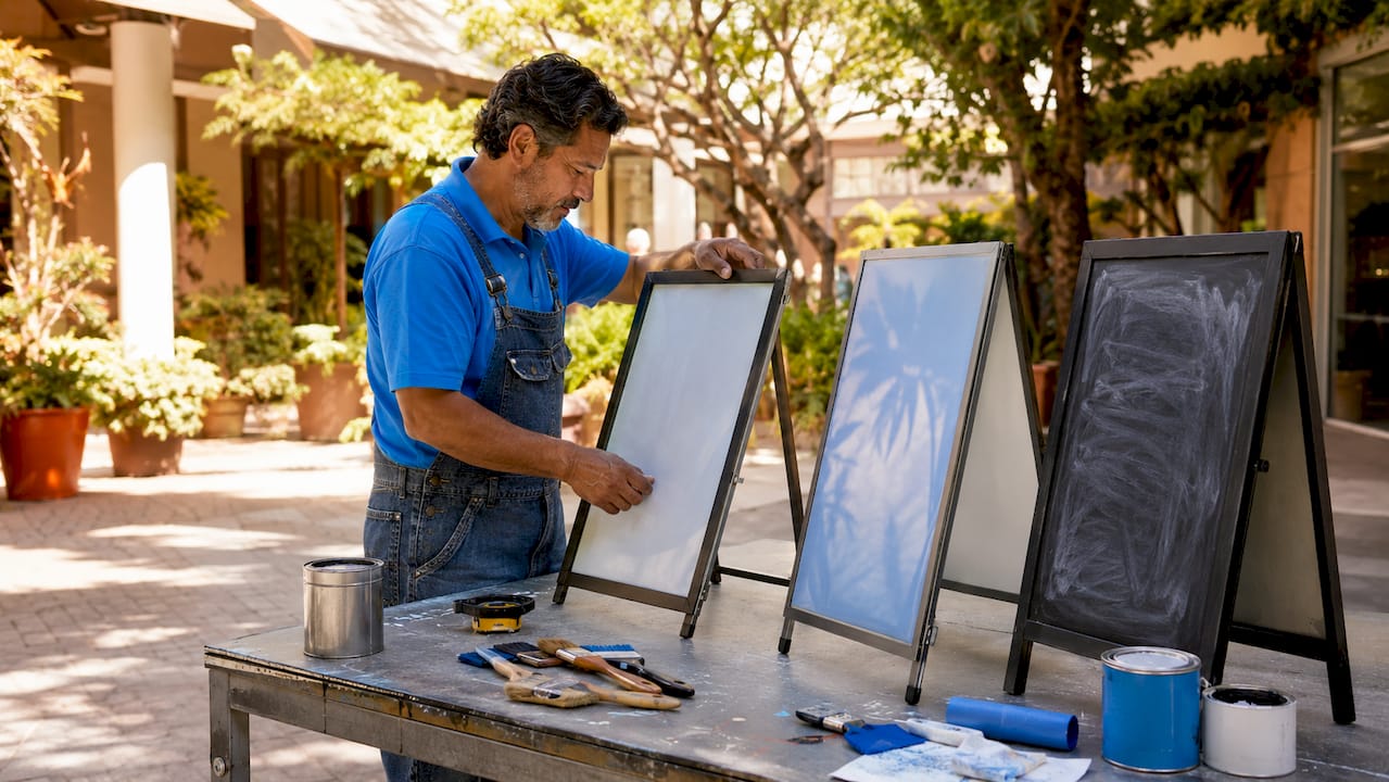 Craftsman assembling different types of A-frame signs