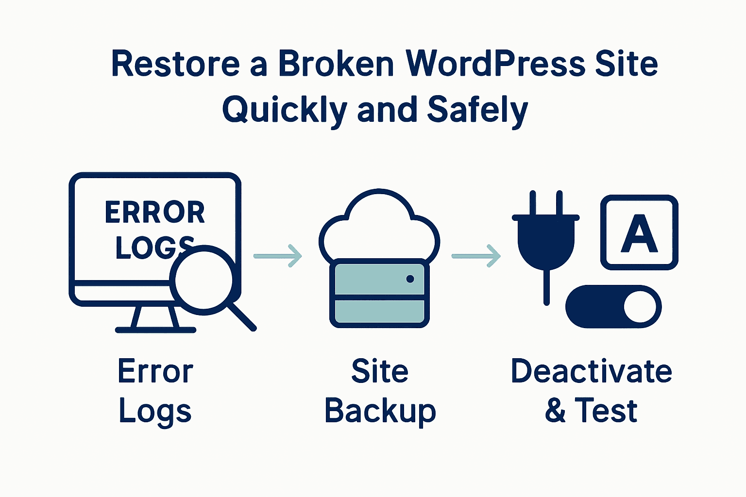 Infographic showing three steps to restore a broken WordPress site: check error logs, back up site, deactivate plugins and themes.