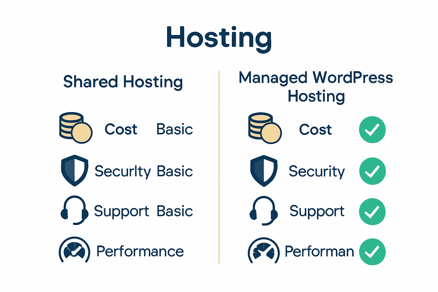 Infographic comparing Shared Hosting vs Managed WordPress Hosting features and benefits.