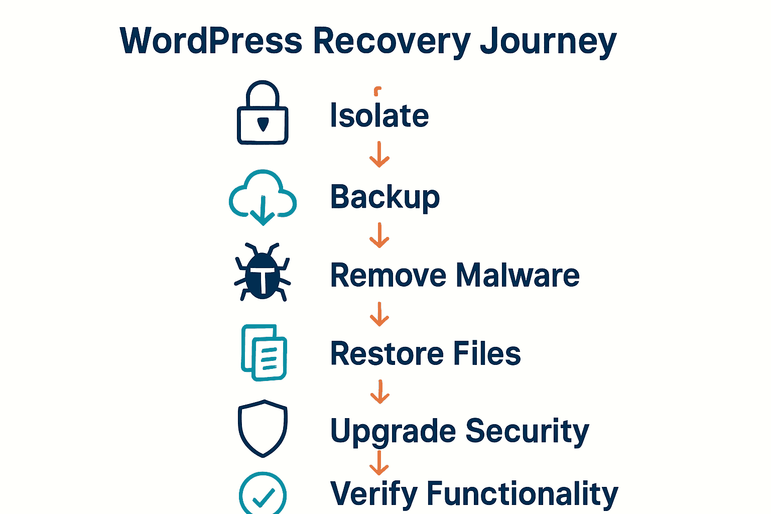 Infographic showing six main steps to restore a hacked WordPress site with icons and captions