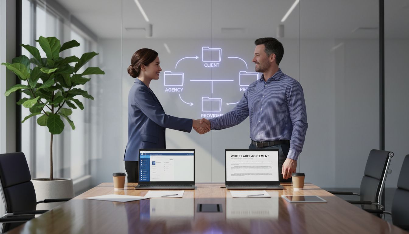 Professionals finalizing white label agreement