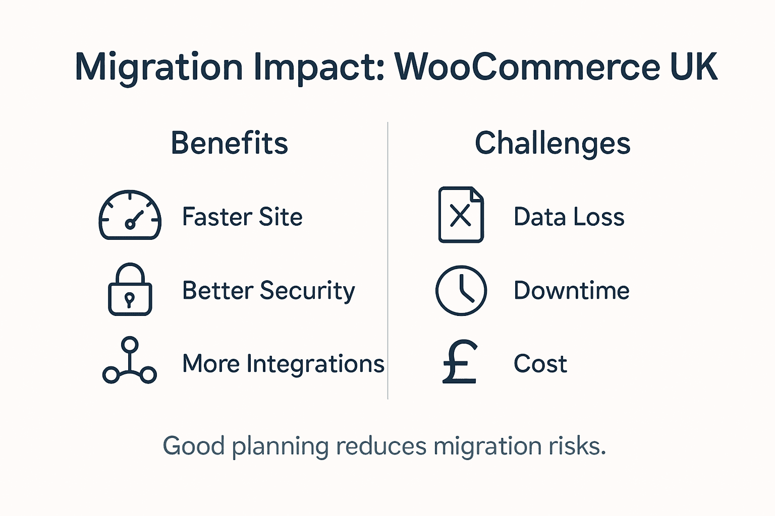Infographic showing WooCommerce migration pros and cons