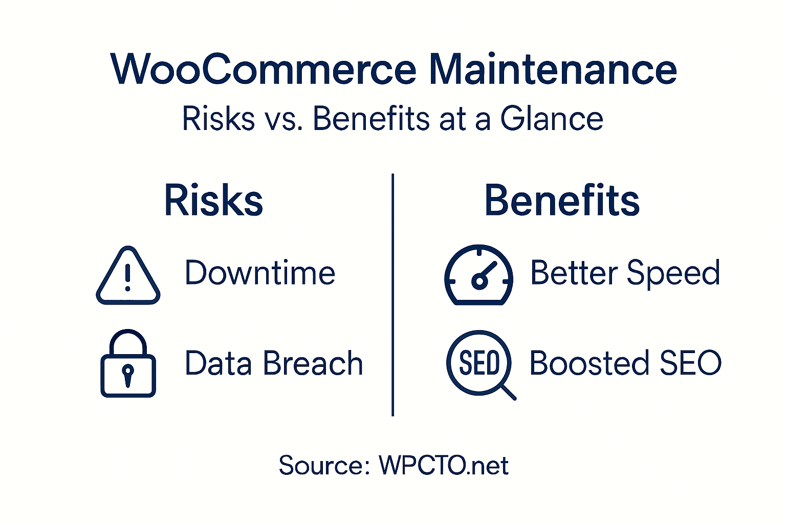 Infographic showing WooCommerce maintenance risks and benefits