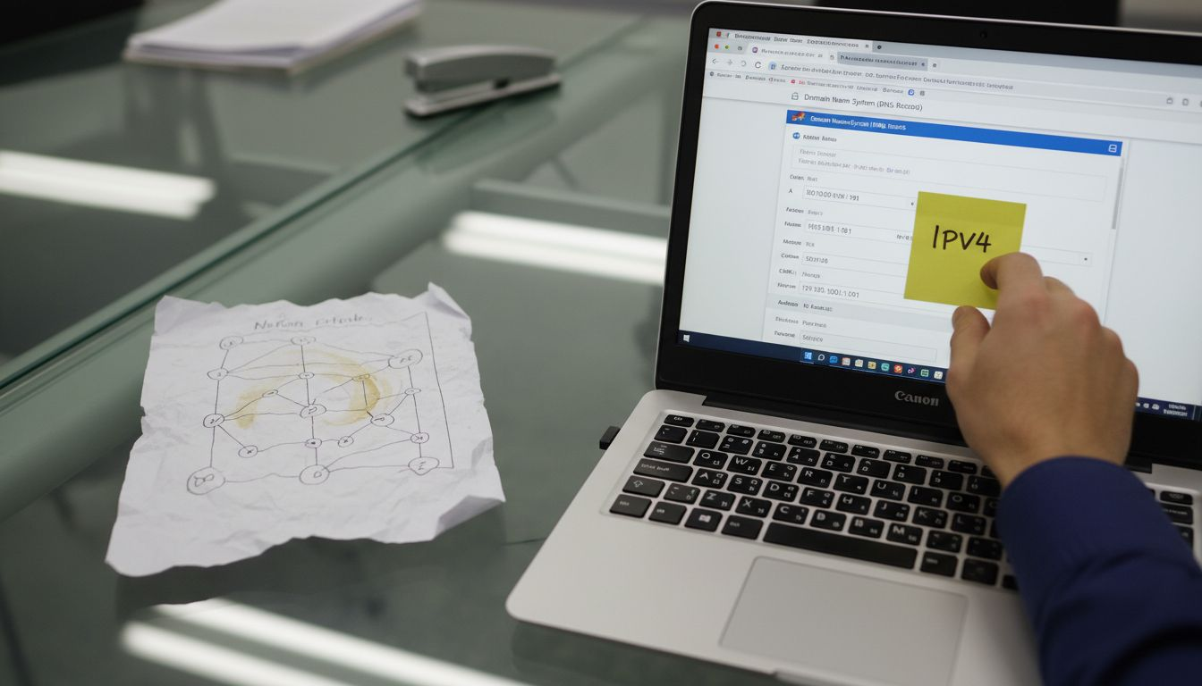 DNS records screen with network diagram and notes