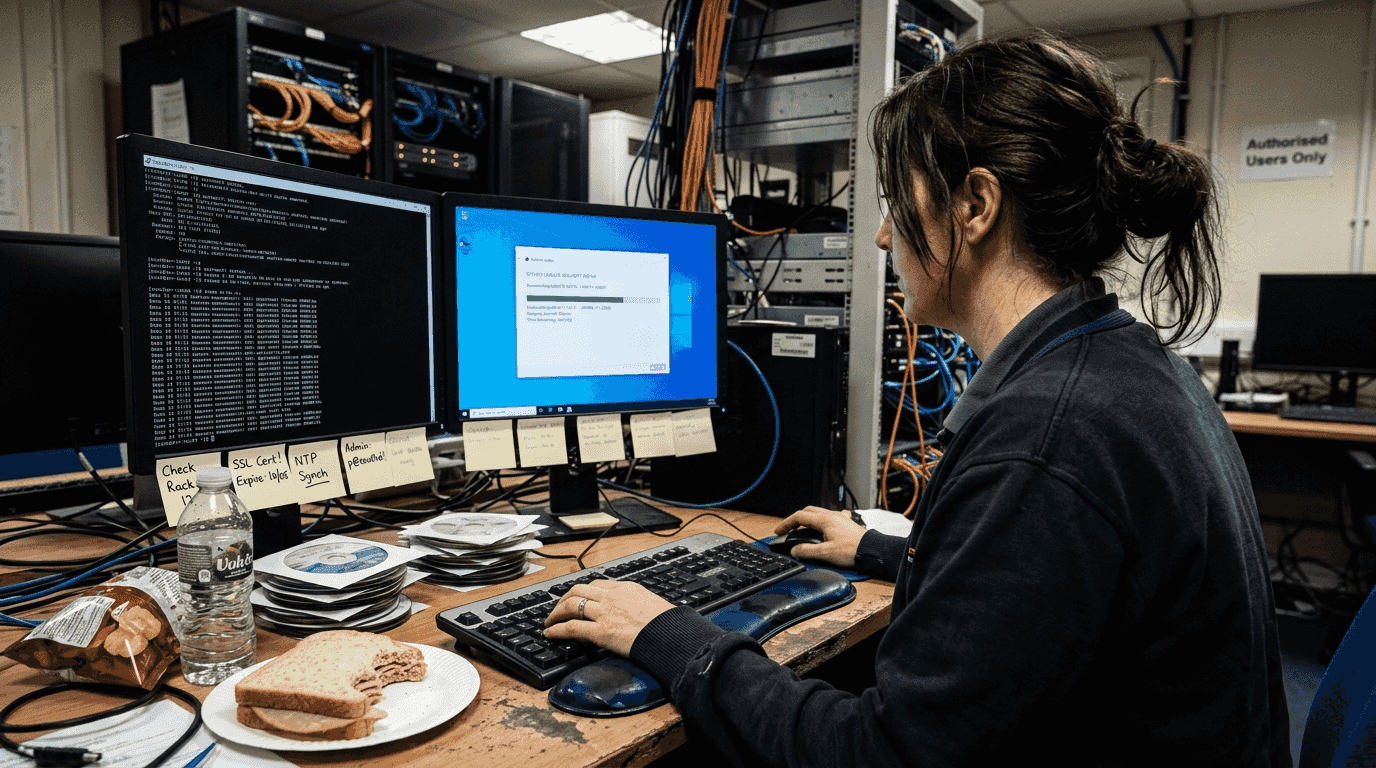 Technician updating server operating system