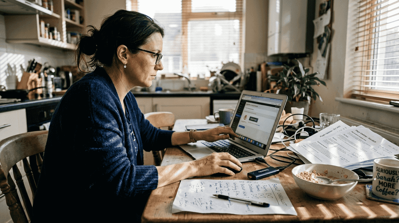 Woman creating WordPress backup on kitchen table