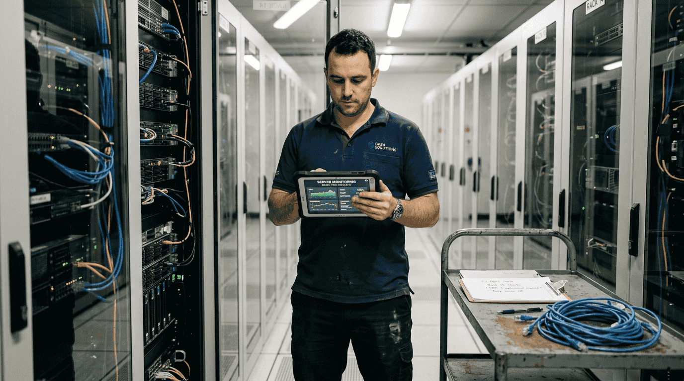 Technician checking server metrics in data center