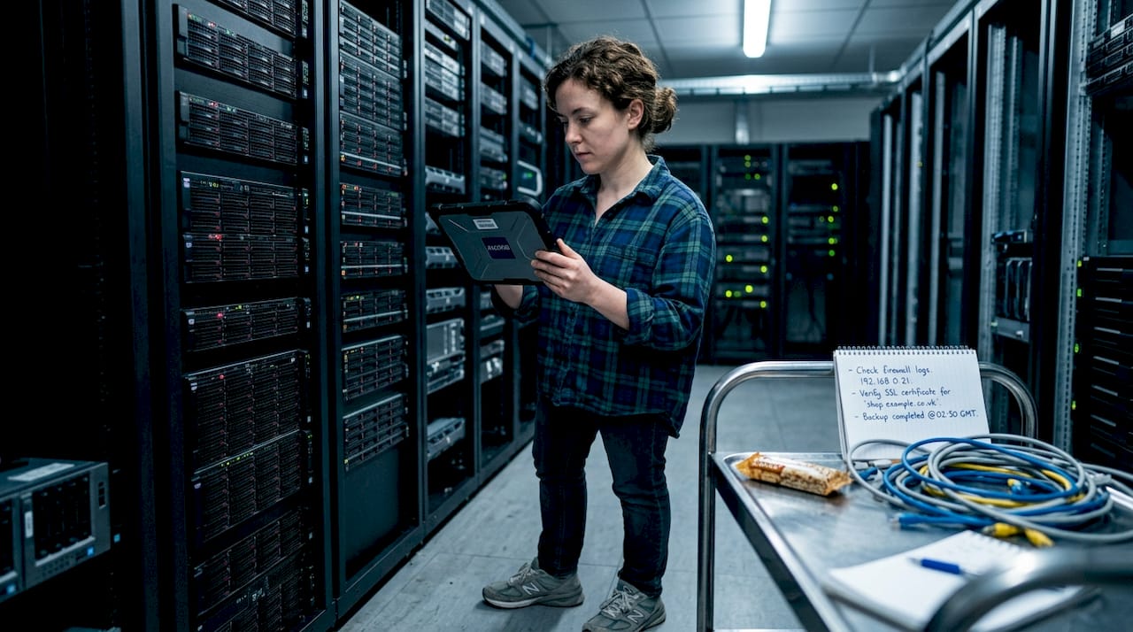 IT specialist checking WordPress security in server room