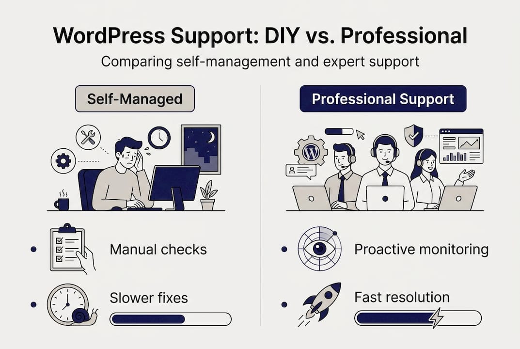 Infographic comparing DIY and professional WordPress support