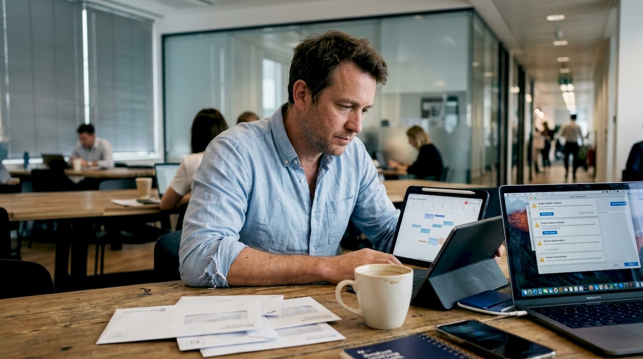 Entrepreneur overwhelmed by tech and notifications